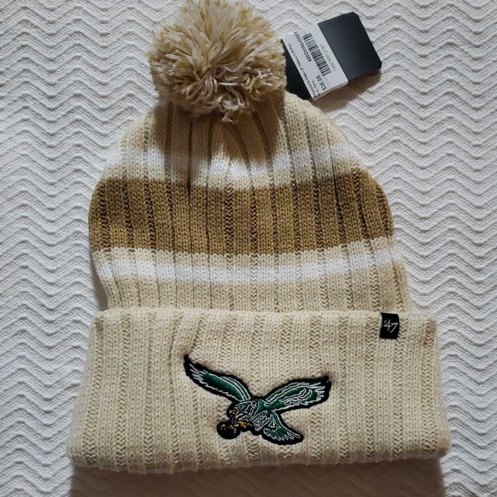 Men's Cream and Tan Knit Beanie with Embroidered Eagle